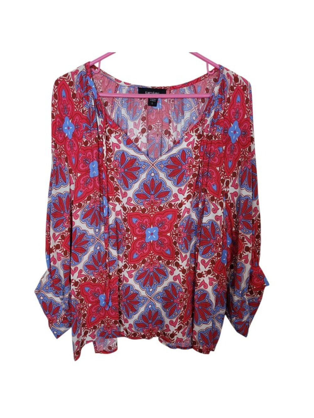 Karen Kane Peasant Blouse Mediterranean Medallion Print Billowy Sleeves Large